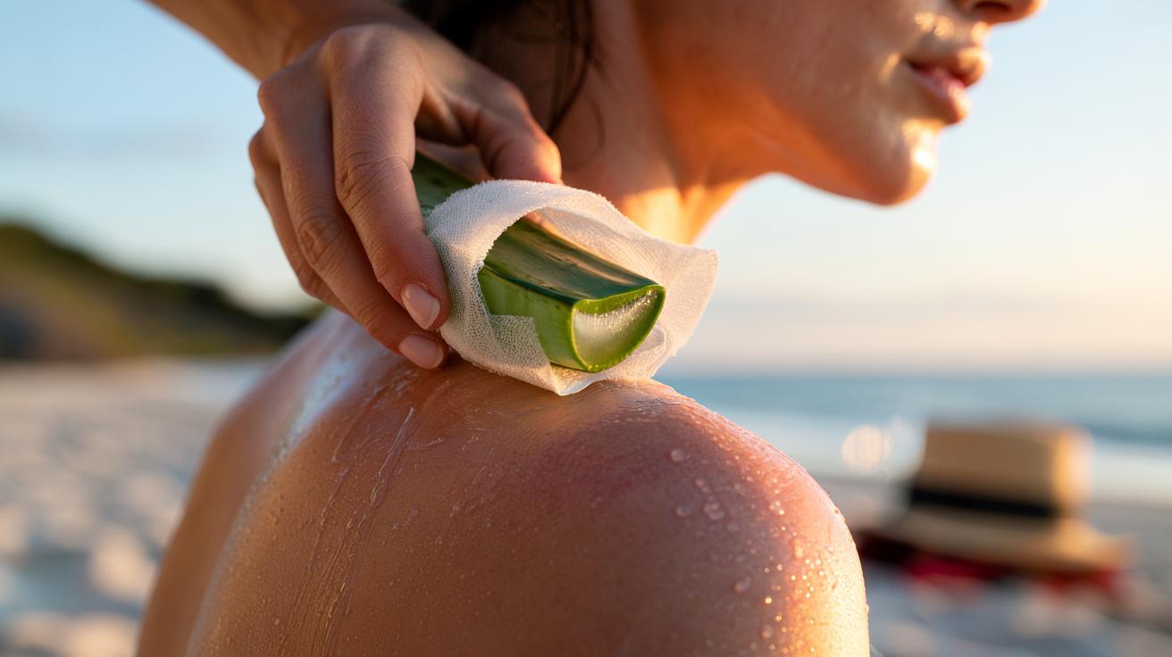 Illustration of an aloe vera ice cube being gently applied to sunburned skin to reduce peeling and lock in moisture