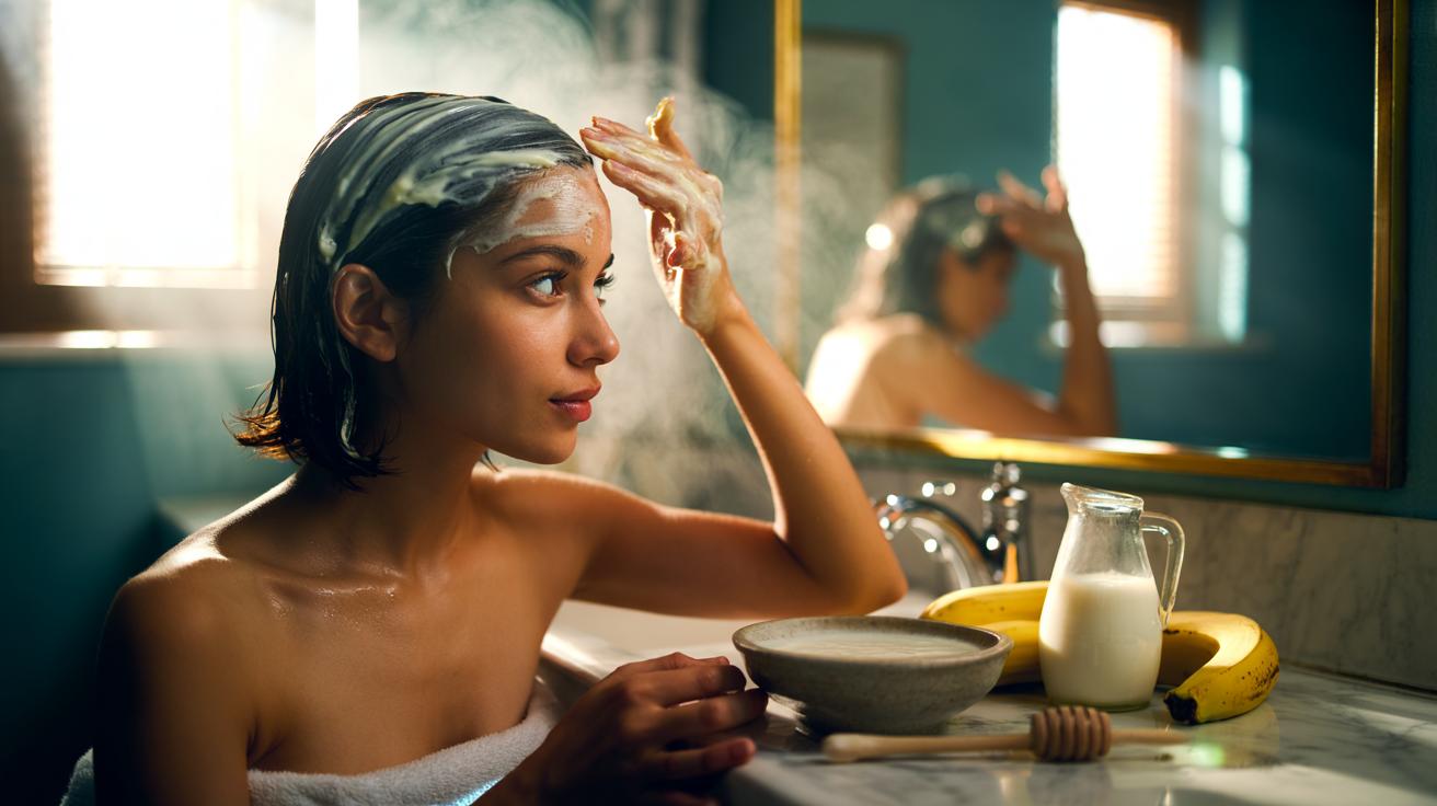Illustration of a postpartum woman applying a banana and milk hair mask to nourish the scalp and strengthen hair