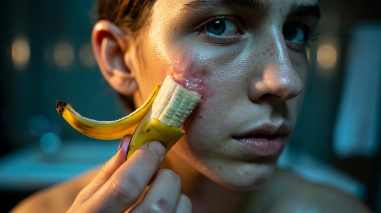 Illustration of a person gently pressing the inner side of a banana peel onto a facial whitehead, showing starch wicking oil and fluid to dry the pimple overnight