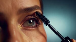 Illustration of a close-up of a beauty guru applying mascara at the lash roots only to make lashes look twice as long