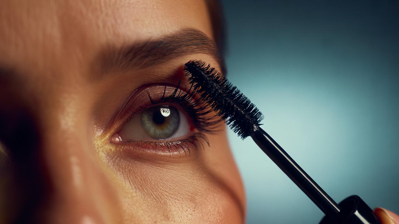 Illustration of a close-up of a beauty guru applying mascara at the lash roots only to make lashes look twice as long