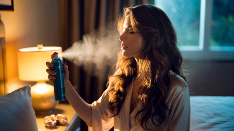 Illustration of a person lightly misting dry conditioner onto mid-lengths and ends before bed to wake up with soft, detangled hair