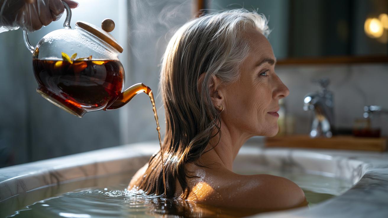 Illustration of a black tea rinse being applied to grey hair to create a soft chocolate tint