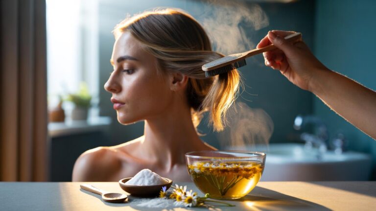 Illustration of chamomile tea and baking soda being used to gently lighten hair colour
