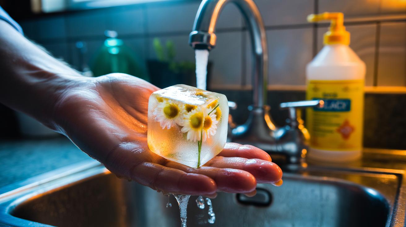 Illustration of chamomile ice cubes wrapped in a cloth being applied to irritated skin after a household bleach splash