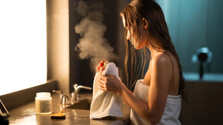 Illustration of a coconut oil hot towel treatment using steam to smooth split ends