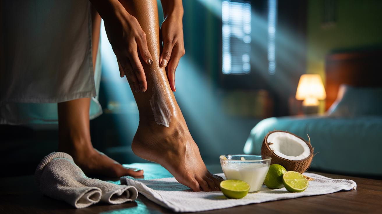 Illustration of coconut oil and lime applied to dark ankles to show how acid and fat work to lighten skin