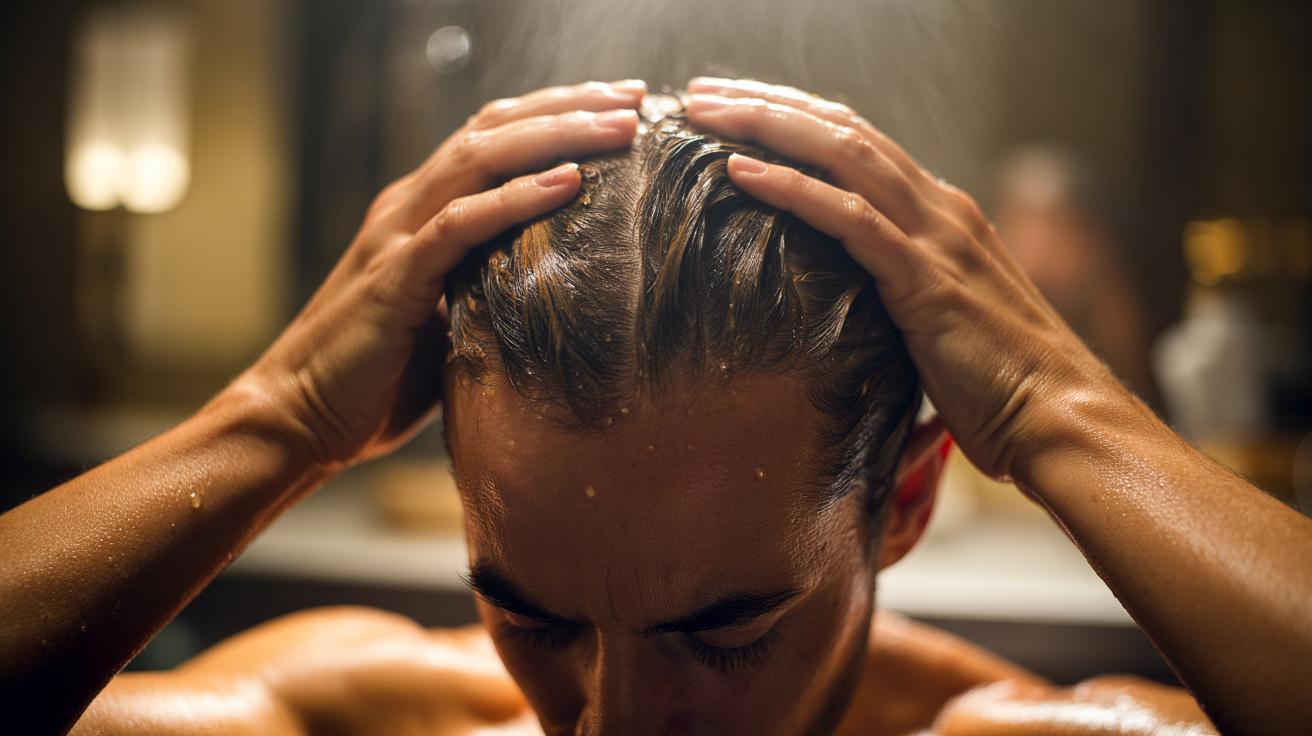Illustration of coffee grounds being gently massaged into the scalp to boost circulation and support hair growth via caffeine