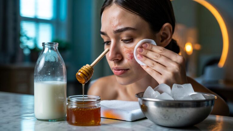 Illustration of a chilled glass of milk and a jar of honey with cotton pads for a calming acne compress