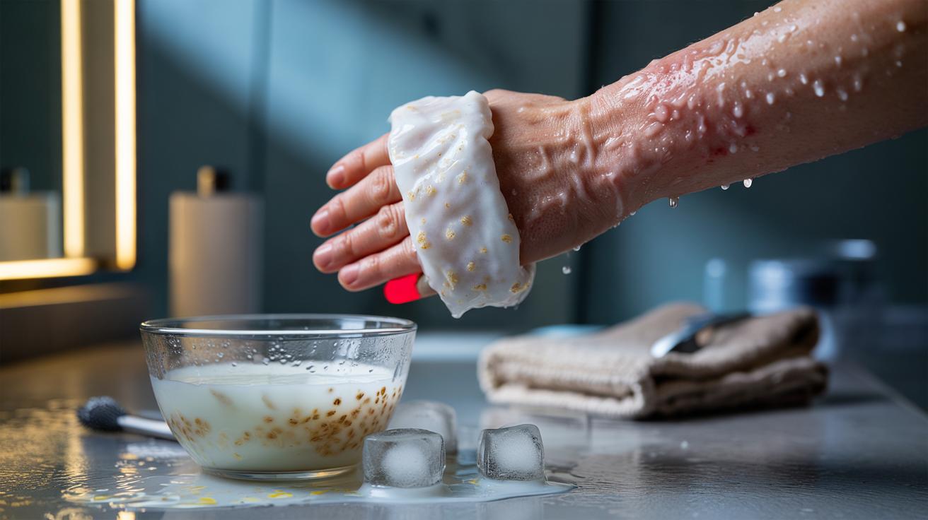 Illustration of cold milk and ground oats applied as a chilled compress to soothe strawberry skin and reduce follicular bumps