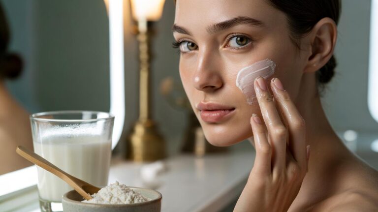 Illustration of cold milk and rice flour being applied as a gentle facial exfoliating mask