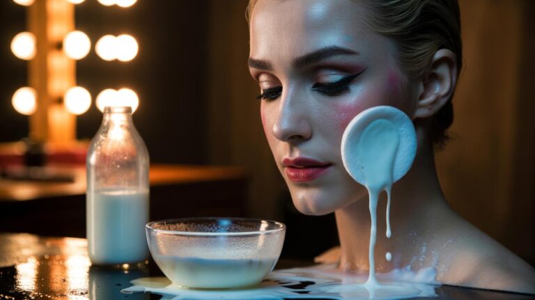 Illustration of cold milk applied with cotton pads to gently dissolve stage makeup on a performer's face