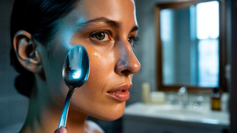 Illustration of a person gliding a chilled teaspoon along the cheekbone to de-puff and sculpt the face