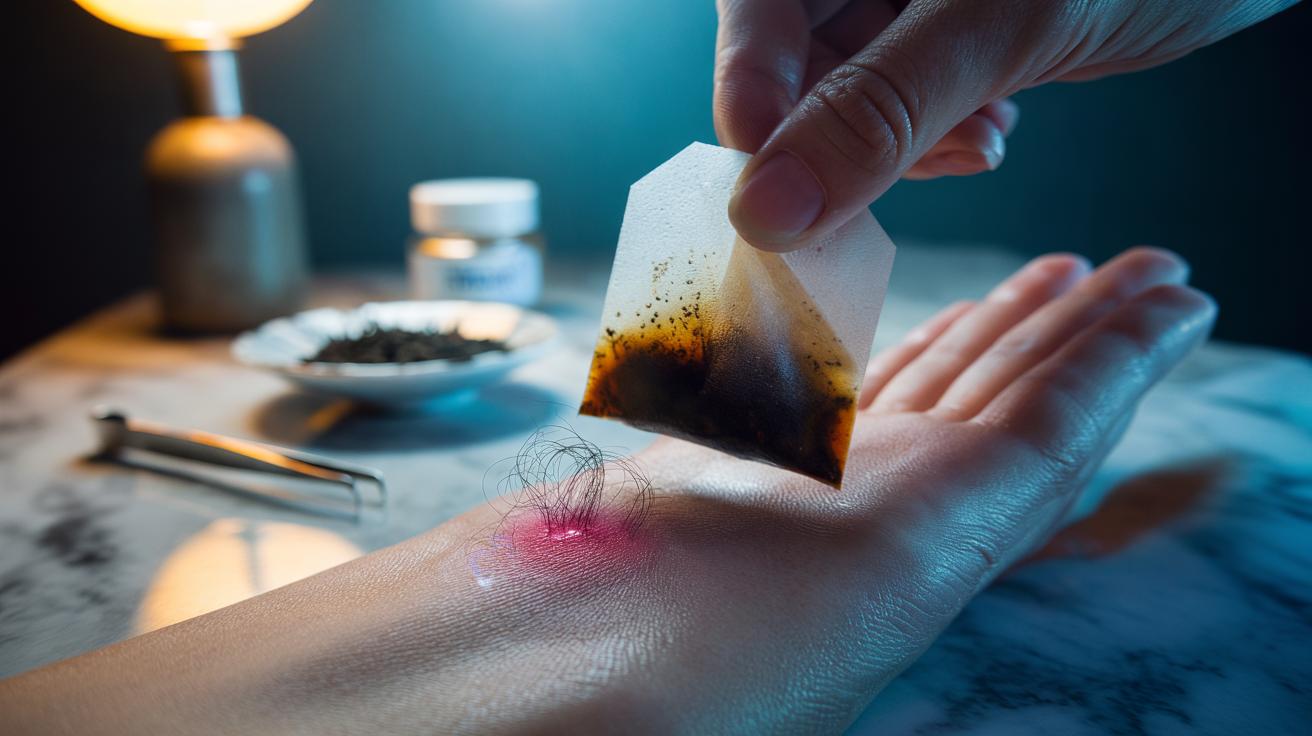 Illustration of a cold teabag compress applied to an inflamed ingrown hair on skin to reduce redness