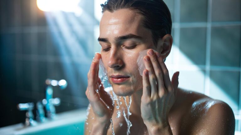 Illustration of cold water being splashed on the face and an alum stone applied post-cleanse to tighten skin and minimise the appearance of pores