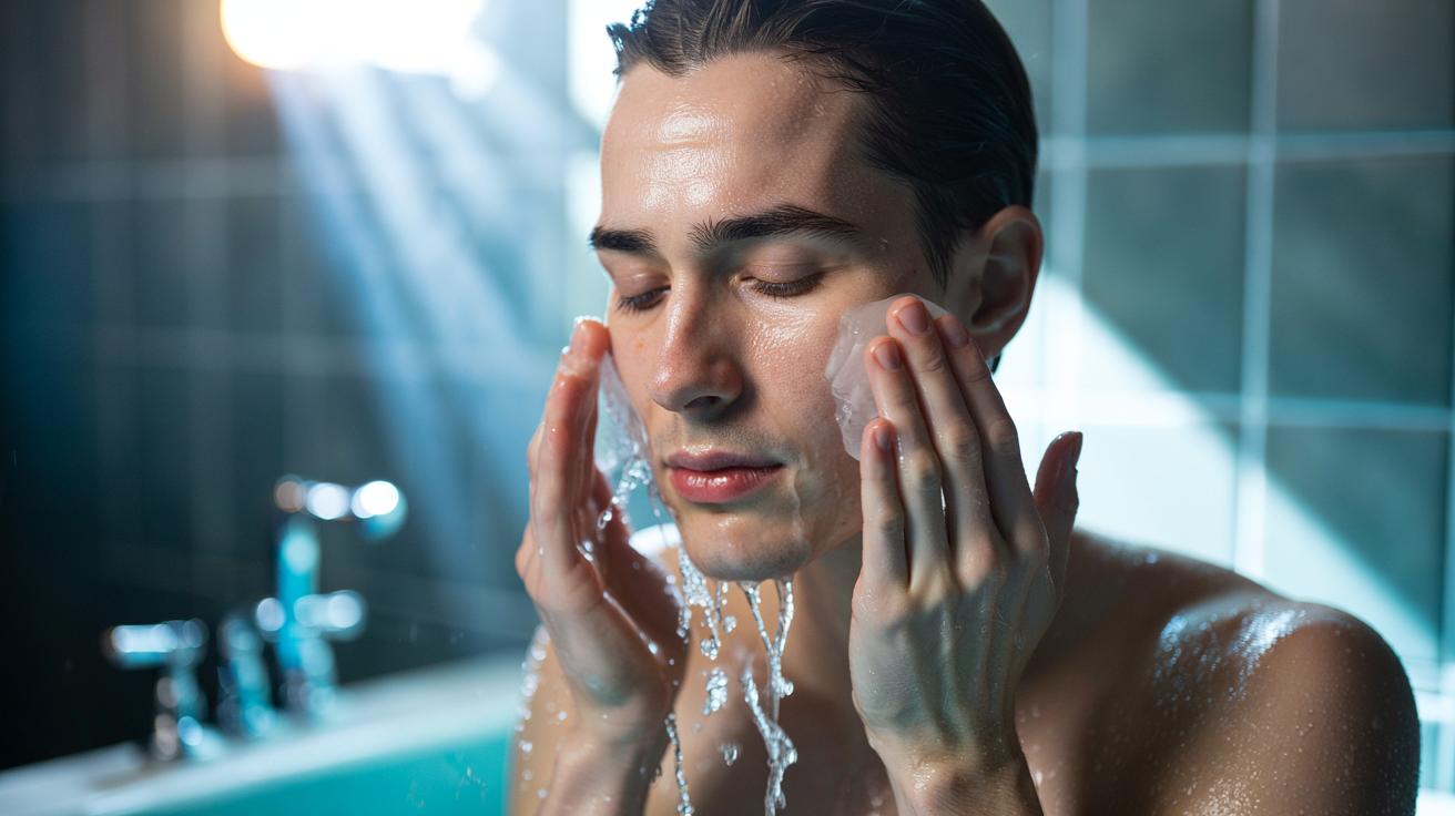 Illustration of cold water being splashed on the face and an alum stone applied post-cleanse to tighten skin and minimise the appearance of pores
