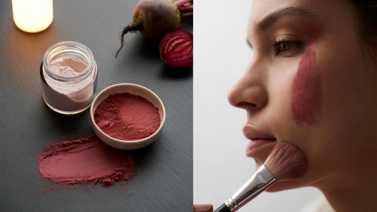 Illustration of cornstarch and beet powder mixed into a DIY blush that delivers a natural 12-hour stain, applied with a makeup brush
