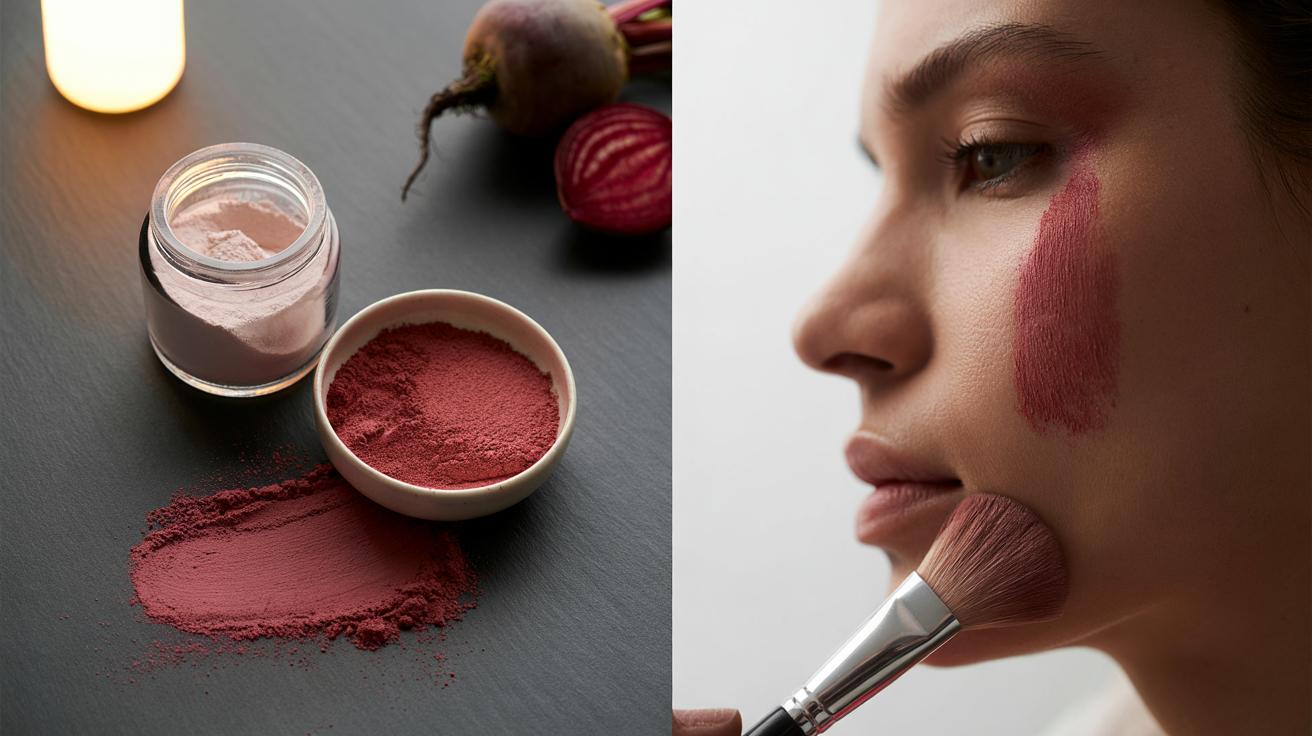 Illustration of cornstarch and beet powder mixed into a DIY blush that delivers a natural 12-hour stain, applied with a makeup brush