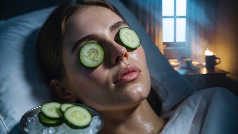 Illustration of chilled cucumber slices placed on closed eyelids to reduce morning puffiness