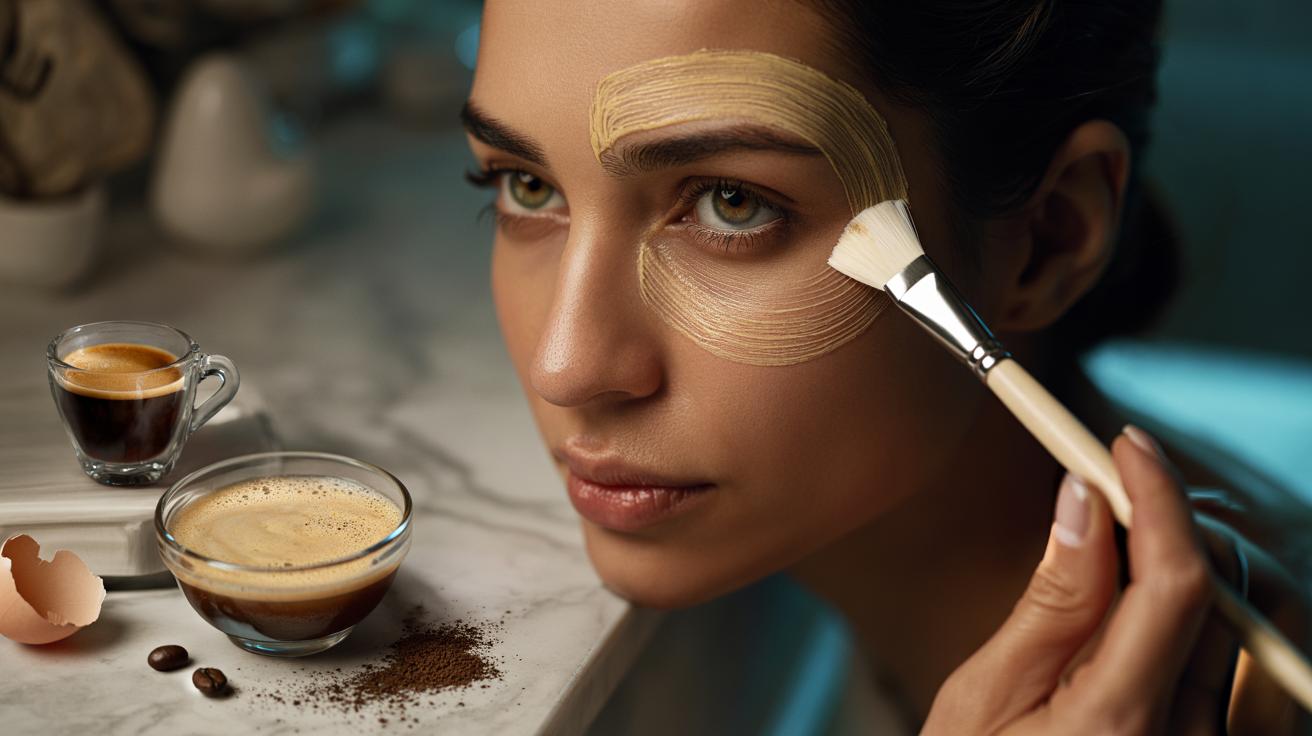 Illustration of an egg white and coffee eye mask being applied to hooded eyelids to tighten the eye area