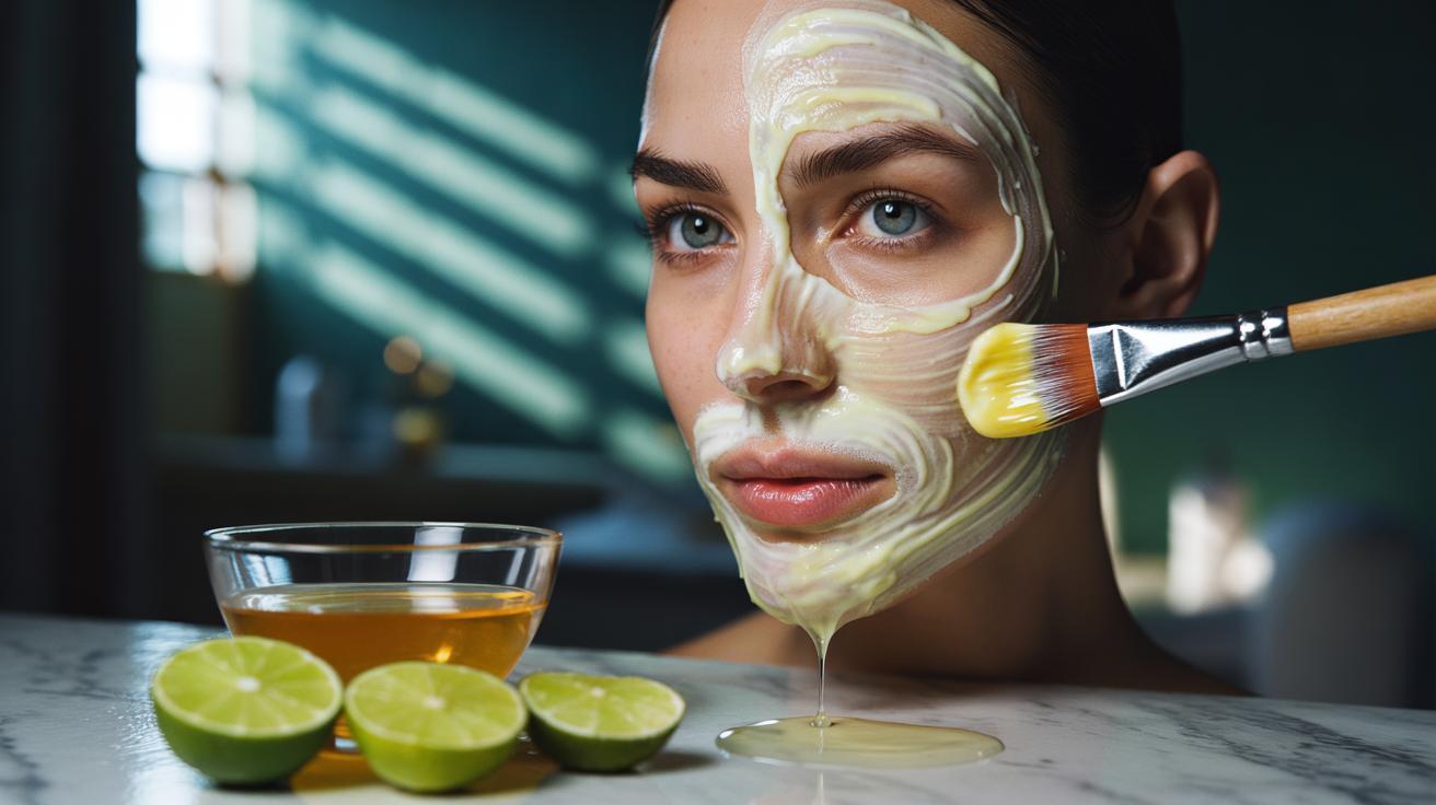 Illustration of a person applying an egg white and lime facial mask for temporary pore tightening, with a bowl of whisked egg white, sliced lime, and an applicator brush