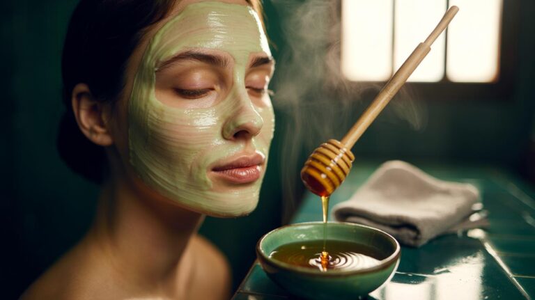 Illustration of a green tea and honey face mask applied to calm maskne-related redness