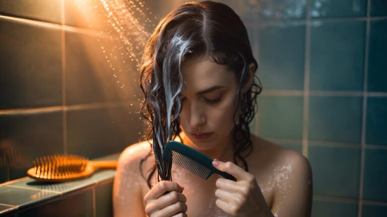 Illustration of a person detangling wet, conditioned hair with a wide-tooth comb in the shower to prevent breakage and avoid brushes