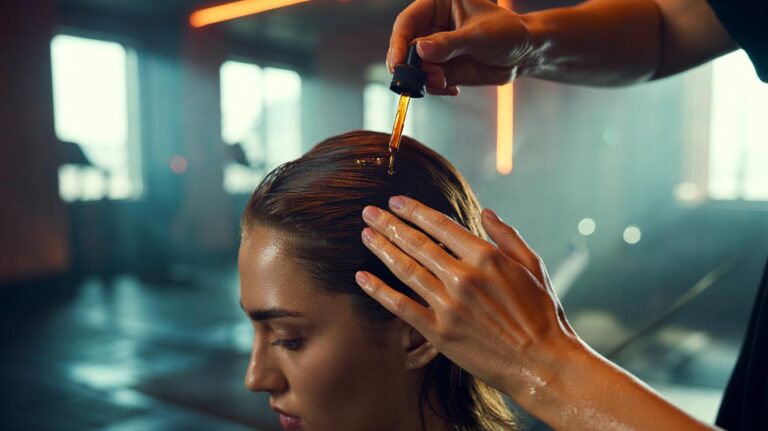 Illustration of a hair professional massaging caffeine serum into a client’s scalp before a workout to help counter DHT and encourage thicker strands