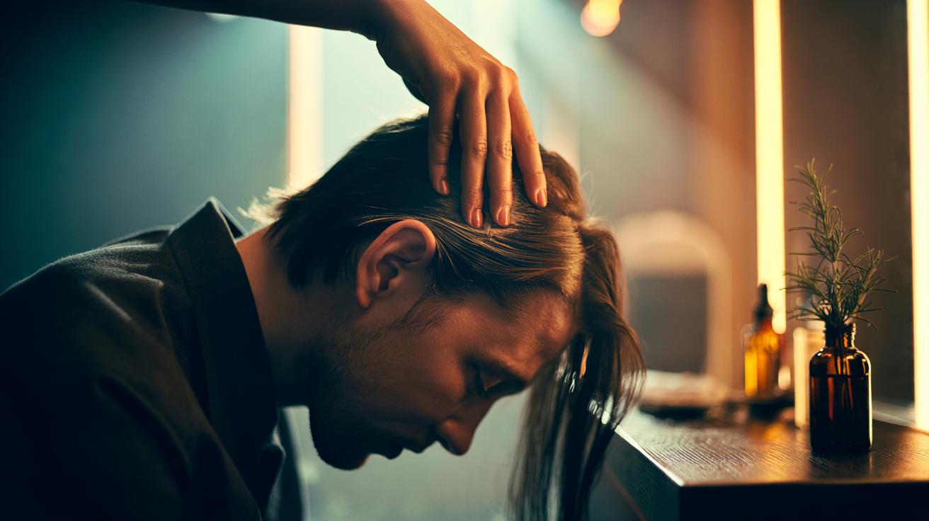 Illustration of a person bending forward with head inverted, using finger pads to perform a one-minute upside-down scalp massage to encourage hair growth