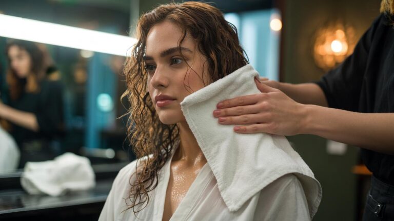 Illustration of a hairdresser gently blotting wet hair with a cotton T-shirt instead of a terry towel to follow the zero-friction rule