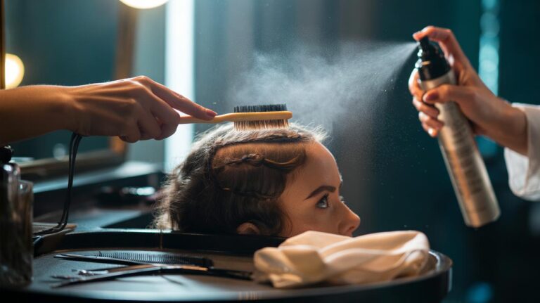 Illustration of a hairdresser using a toothbrush and hairspray to style baby hair edges