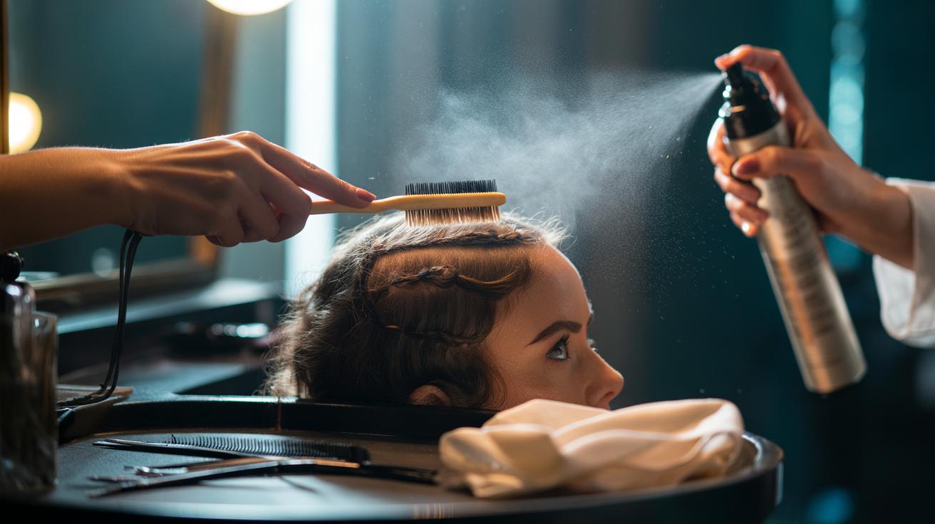 Illustration of a hairdresser using a toothbrush and hairspray to style baby hair edges