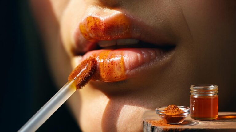 Illustration of a honey-and-cayenne mixture being applied to lips to boost blood flow for a temporary plumping effect