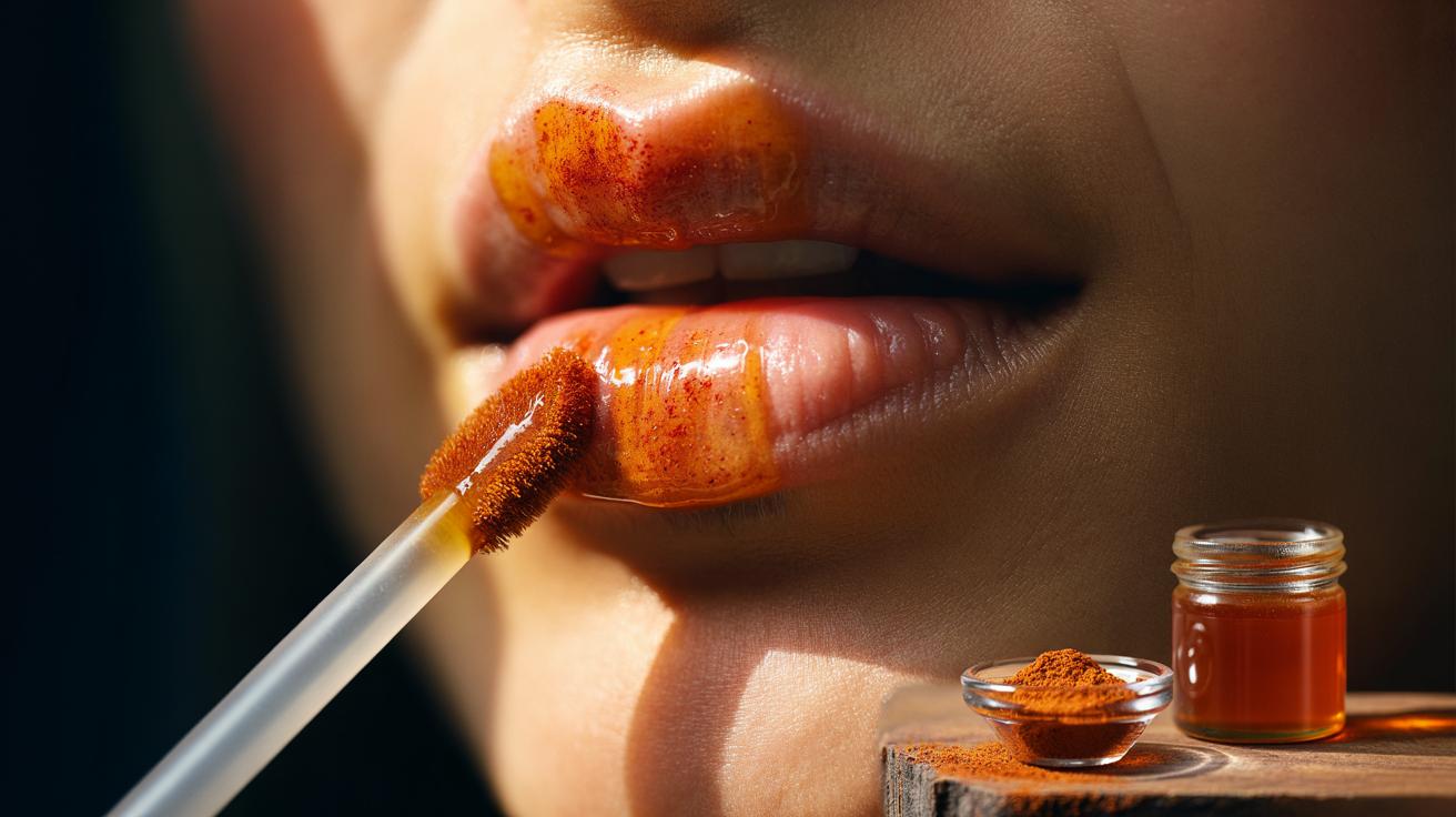 Illustration of a honey-and-cayenne mixture being applied to lips to boost blood flow for a temporary plumping effect
