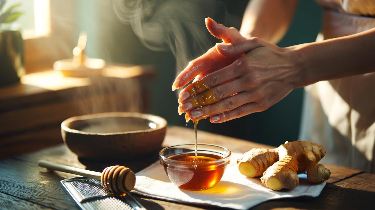 Illustration of honey and ginger paste being massaged into fingernails and cuticles with gentle heat to support nail growth