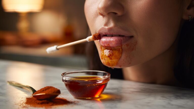 Illustration of a honey and paprika paste applied to lips for a temporary plumping effect