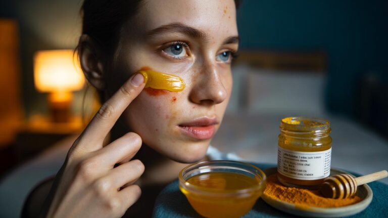 Illustration of honey and turmeric applied in a thin layer on facial skin as an overnight treatment to brighten fresh acne marks