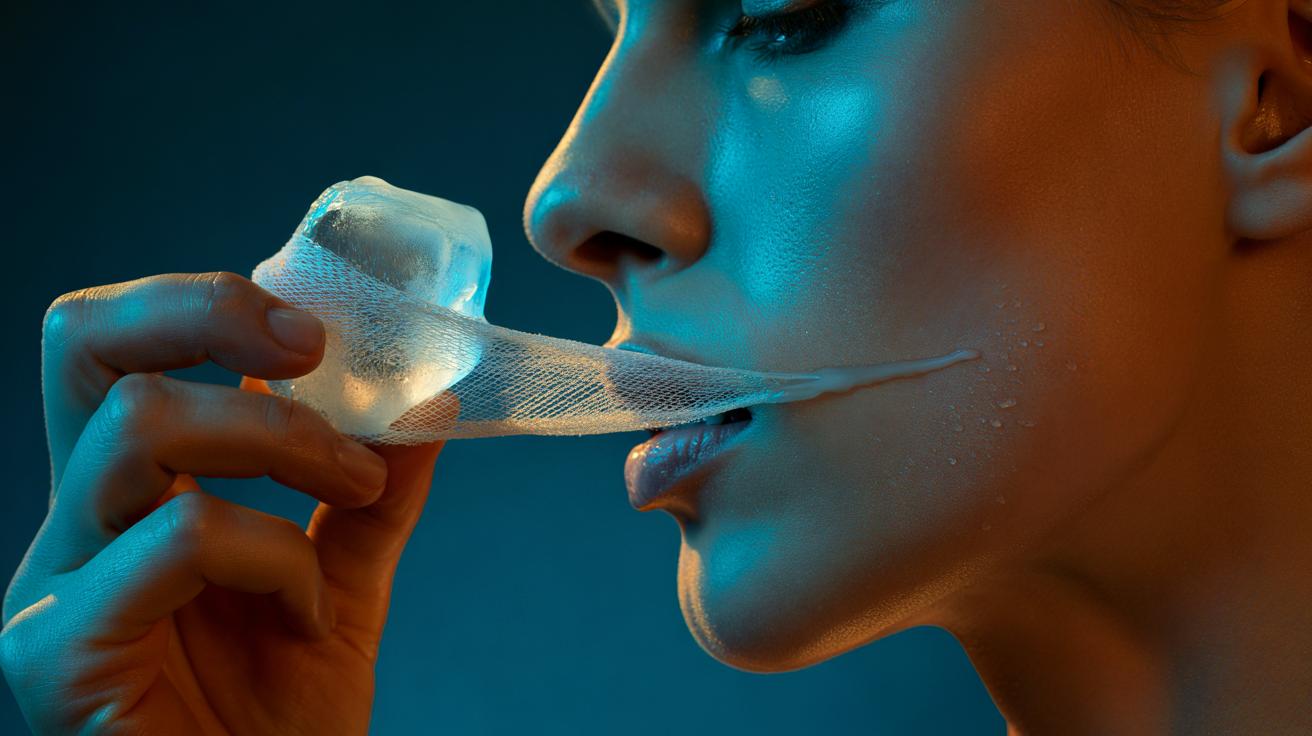 Illustration of a person gliding an ice cube along the jawline to reduce puffiness and enhance contour