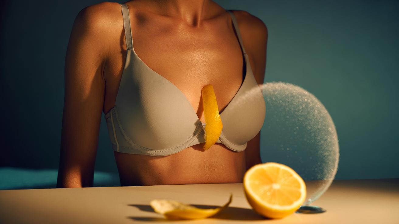 Illustration of a lemon peel placed inside a bra to lighten under-breast darkness and how citric acid works