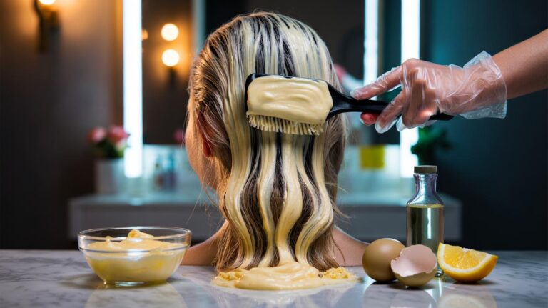 Illustration of a mayonnaise and egg hair mask being applied to over-processed hair to provide protein-based reinforcement