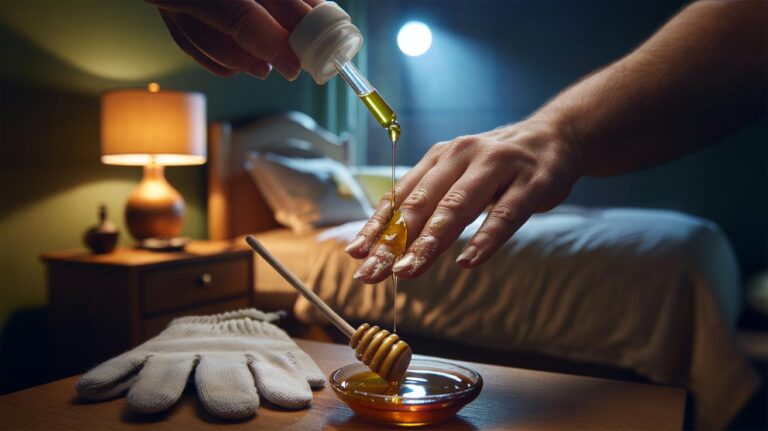 Illustration of olive oil and honey being applied to cracked knuckles for overnight softening