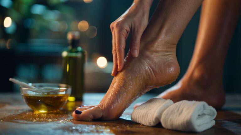 Illustration of an olive oil and sugar scrub being applied to callused heels, with cotton socks for overnight softening