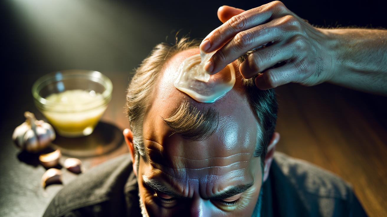 Illustration of raw crushed garlic being applied to a thinning crown to activate hair follicles through allicin