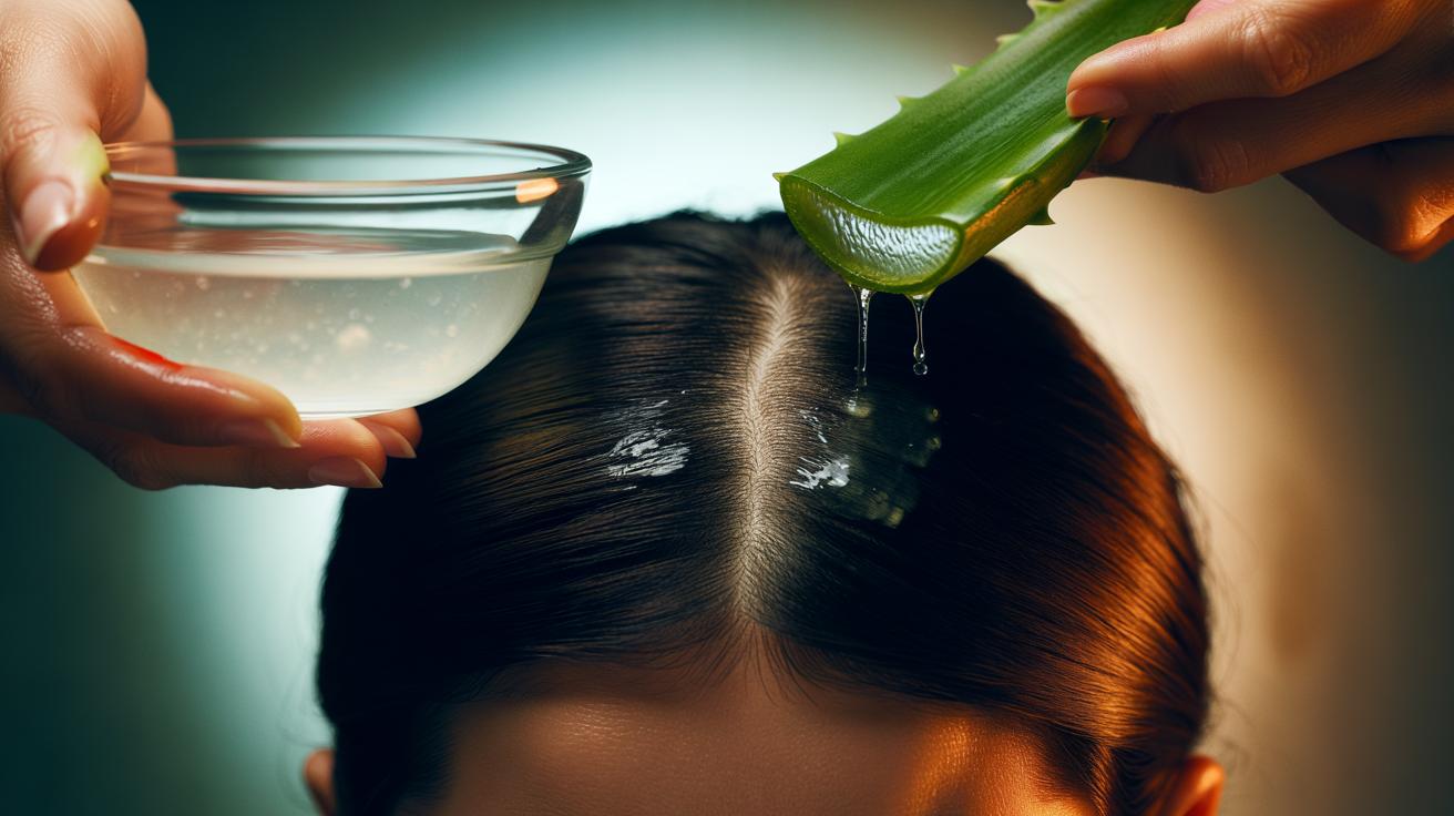 Illustration of rice water rinse and aloe vera gel being applied to the scalp to relieve dandruff