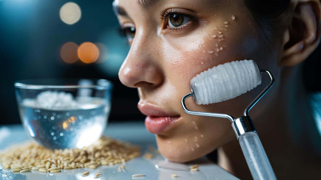 Illustration of a rice water ice roller being applied to clean skin, using cold and starch to refine the appearance of pores