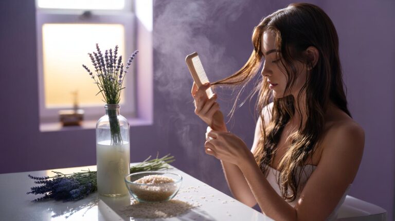 Illustration of rice water and lavender prepared as a hair rinse for conditioning and a clean, lasting scent