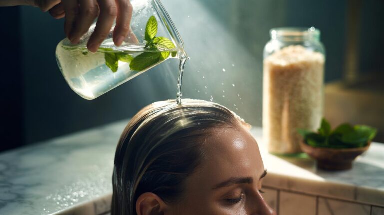 Illustration of rice water and fresh mint leaves prepared as a cooling rinse applied to an itchy scalp