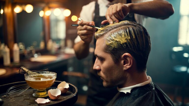 Illustration of a barber applying a two-ingredient beer and egg hair mask to a man for thicker hair after one wash