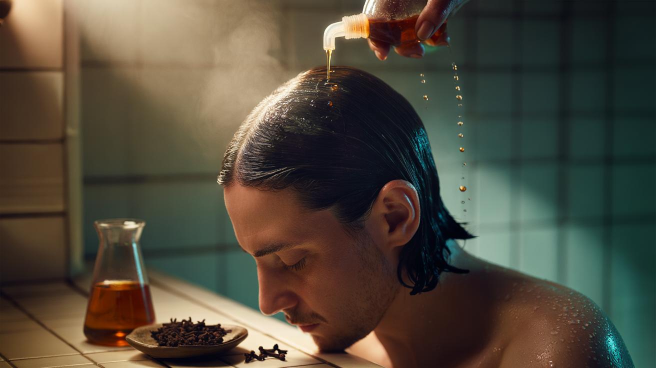 Illustration of clove water being applied to the scalp for a two-minute soak to reduce fungus and dandruff flakes