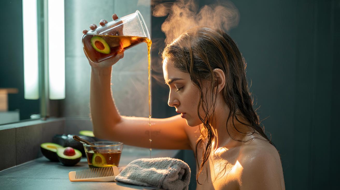 Illustration of an avocado pit boiled in water used as a hair rinse to strengthen weak hair and reduce shedding